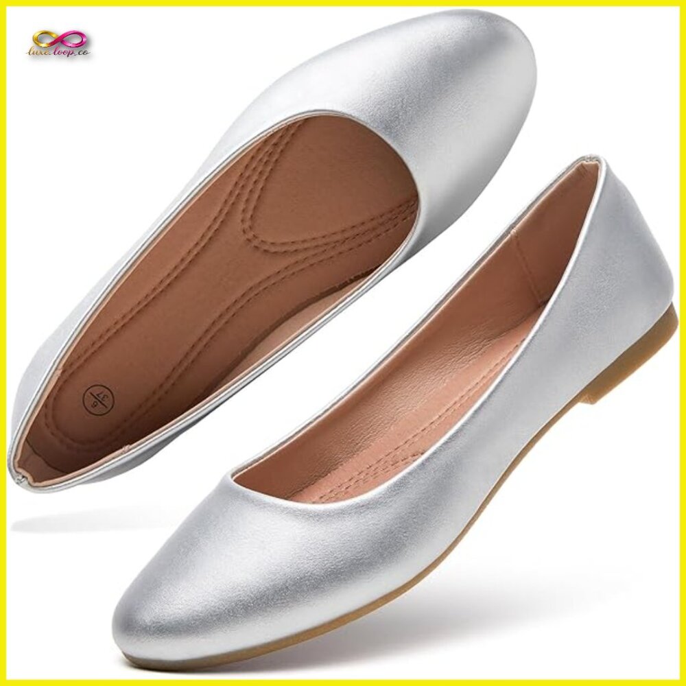 Silver Ballet Flats Slip On Shoes Comfortable PU Leather Round Toe Minimal Chic